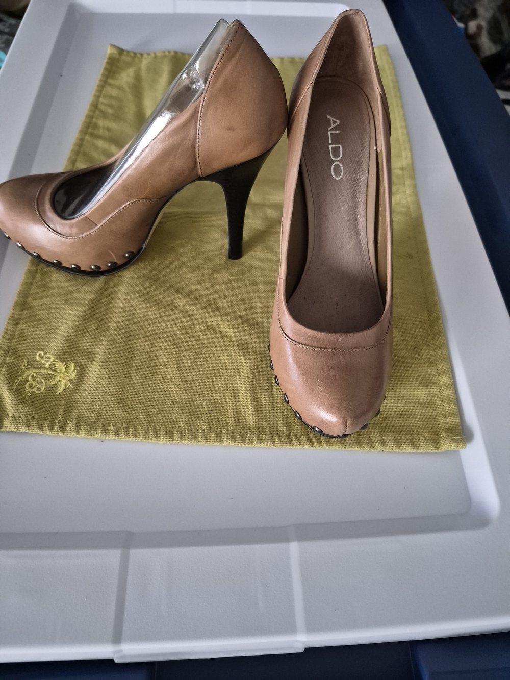 ALDO Tan Leather High Heel Pumps with Stud Accents
